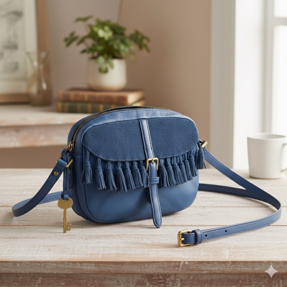 Fossil women blue leather crossbody bag fringes boho gold hardware shoulder bag